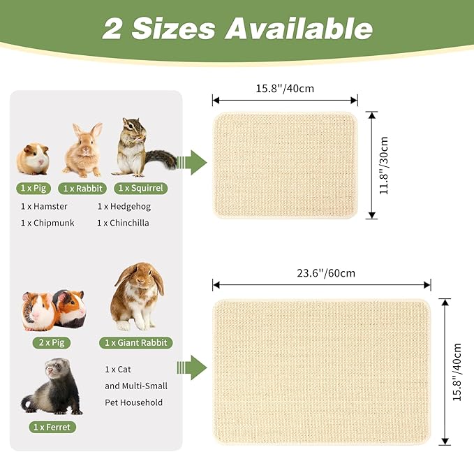 FHTONGE 2 Pcs Sisal Rabbit Scratching Mats for Cage Bedding, Bunny Scratch Pads Rabbit Mats with Non-Slip Base, Rabbits Chew Toys Grass Mats for Claws Teeth Grinding Biting Sleeping Nesting Cooling