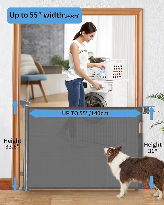 (2 Pack) Retractable Baby Gate for Doorways and Stairs, Mesh Safety Gate for Pet, Indoor & Outdoor Use, One-Hand Operation, Easy Installation, 33.6" Tall, Expands to 55" Wide(Grey,33.6"x55")