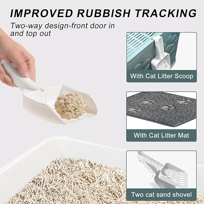 Upgrade Portable Litter Box, Top Entry Cat Box with Lid, No Leakage Kitty Box with Scoop and Mat, Easy Cleaning Cat Box Enclosure(Blue)