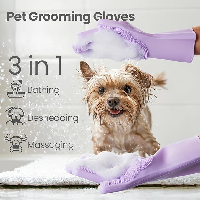 DELOMO Dog Washing Gloves 1 Pair: Soft and Gentle Silicone Pet Grooming Gloves - Bathing Scrubber Brush Mitt Grooming Shedding Fur Removal Massage for Dogs/Cats/Horse, Purple