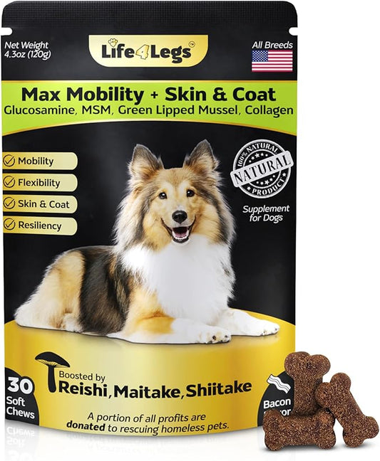 Soft Chews Hip and Joint Supplement for Dogs - Dog Joint Pain Relief Treats - Glucosamine, Chondroitin, Turmeric- Mobility Supplement (Hip & Joint + Skin & Coat, Bacon - 30 Soft Chews)