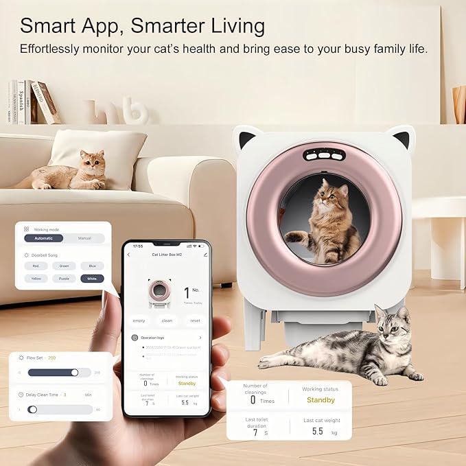 BZW Automatic Cat Litter Box, Self Cleaning Litter Box Large Capacity for Multiple Cats with App Control and Safety Protection, 1 Roll Garbage Bags, Rose Gold