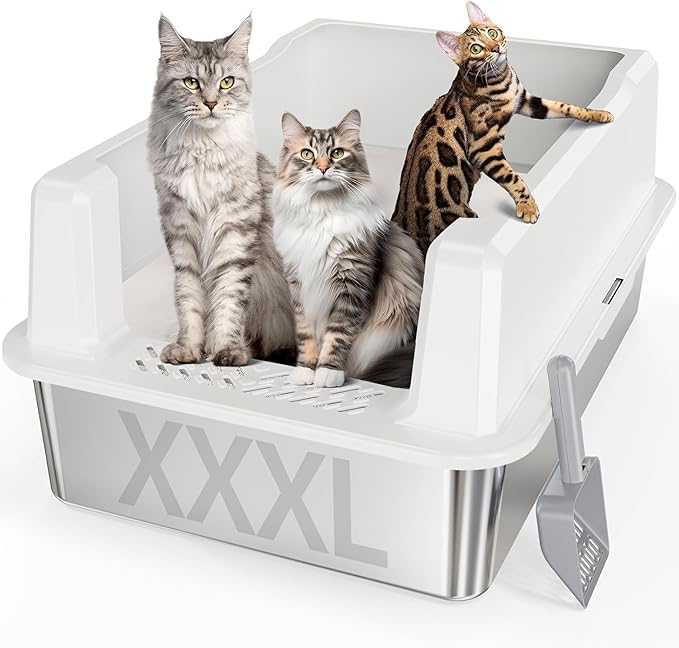 Extra Large XXL Stainless Steel Cat Litter Box with Lid, 26" L x 18" W x 12" H Metal Litter Box with Hight Sides for Big Cats & Multiple Cats, Never Absorbs Odors, Anti-Urine Leakage, Easy Cleaning