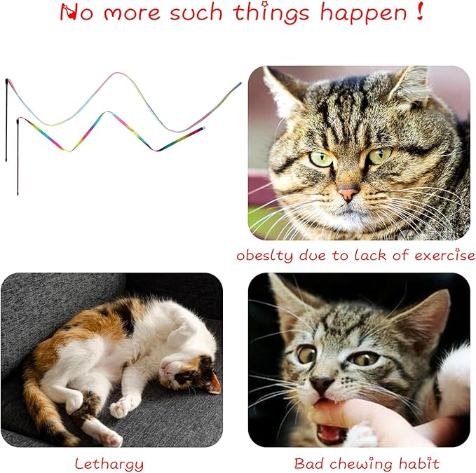 Cat Wand Toys Interactive Kitten Toys for Indoor Cats Colorful Teaser Wand String for Exercise Kitten Stick Kitty Rope Toy Rainbow Ribbon Cat Charmer -2Pcs