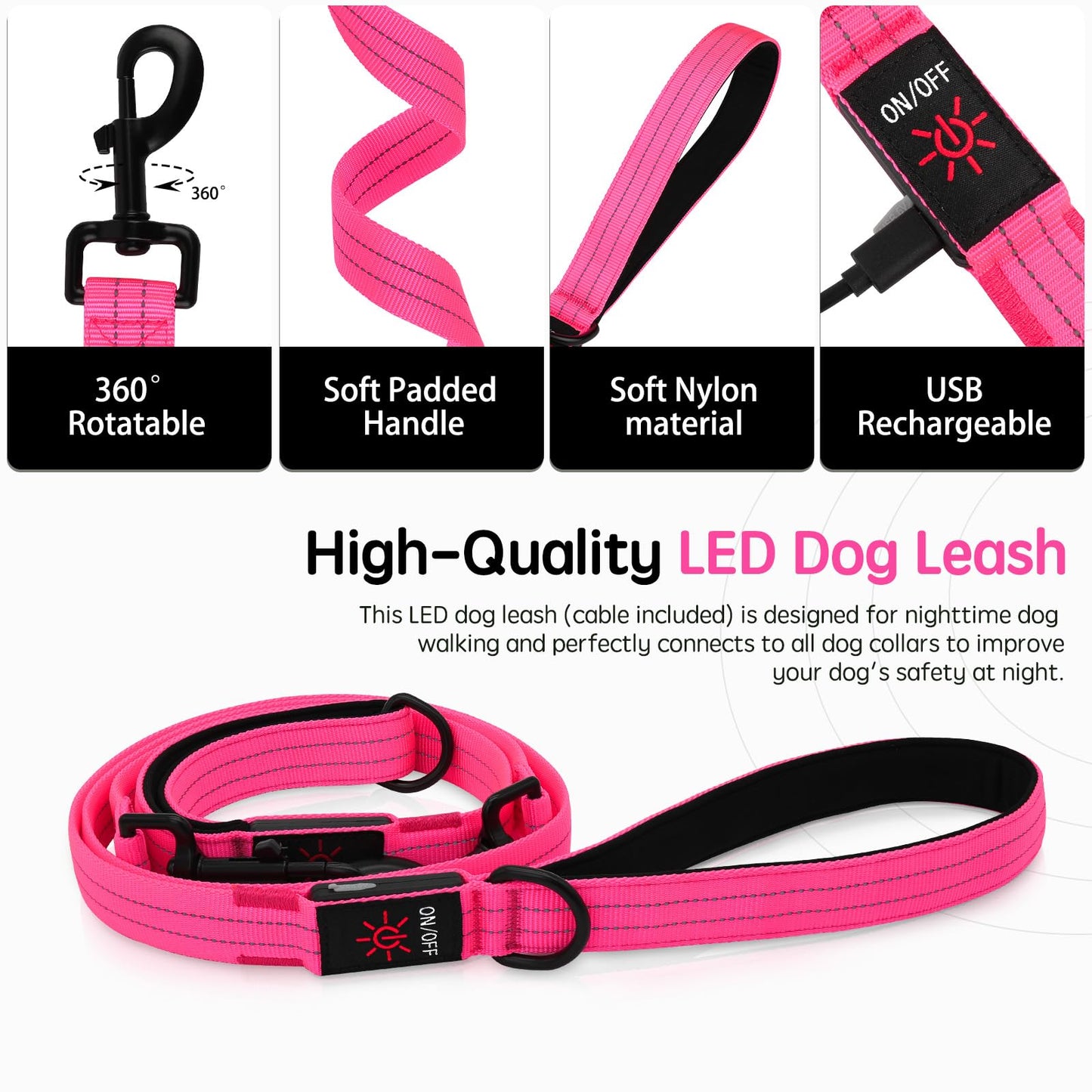 Dlitk Light Up Dog Leash, LED Leashes Rechargeable, Nylon Reflective Lead with Padded Handle for Night Walking, Safety Glow Lights for Large Medium Small Dogs(Pink,(4 Ft+2 Ft))