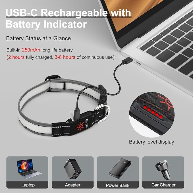 Light Up Dog Collar, Multicolor LED Dog Collar with 7 Modes, USB-C Rechargeable Reflective Glow Collar, Waterproof & Adjustable Design with Battery Indicator for Safe Night Walks (Small)