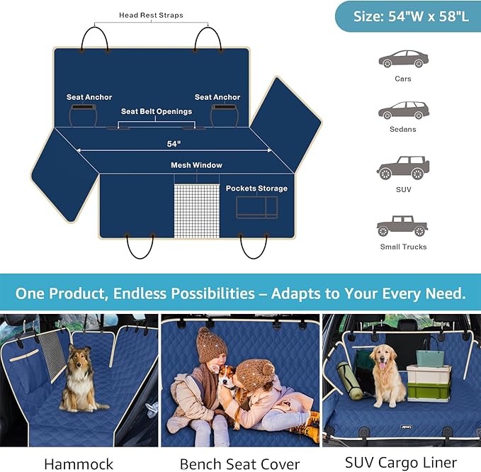 Lassie Dog Car Seat Covers for Back Seat, Waterproof Dog Car Hammock with Mesh Window Durable Scratch Proof Nonslip Pet Car Seat Covers Universal Fit Protector for Cars, Trucks & SUVs