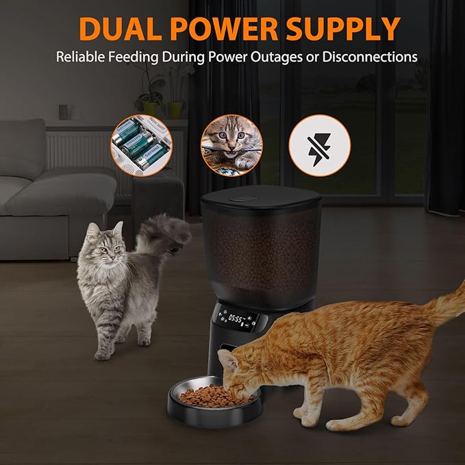 Automatic Cat Feeder, Cat Food Dispenser with Stainless Steel Bowl, Timed Portion Control 20 Portions 6 Meals Per Day, Voice Recorder, Dual Power Supply for Small Dogs (Black)