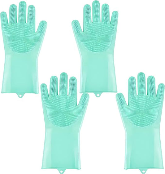 2 pairs Silicone Dishwashing & Pet Grooming Gloves - 2-in-1 Heat Resistant Gloves with High-Density Teeth, Enhanced Five Finger Design for Bathing, Cleaning Dishes, Cars, Dogs & Cats(Green)