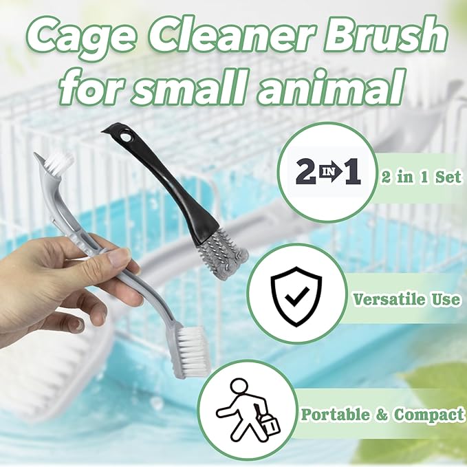 2 Pcs Bird Cage Cleaner Brush & Scoop with Long Handle and Curved Brush Head, 2-in-1 Bird Cage Cleaner with Front and Back Brushes for Kennel, and Parrot Perch Cleaning