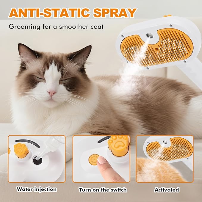 Pet Steam Brush for Cats and Dogs, 4-in-1 Spray Hair Removal Comb, Cat Brush for Shedding and Grooming with 1 Shampoo for Long & Short Haired Pets