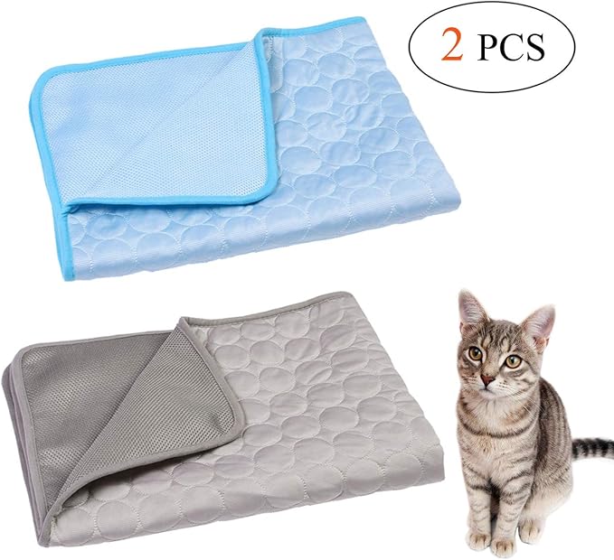 Wontee Dog Cooling Mat Pet Ice Silk Pad Washable Summer Sleeping Bed for Crate, Bed, Sofa, Indoor & Outdoor Floor, Car Seats (Blue + Grey, S)