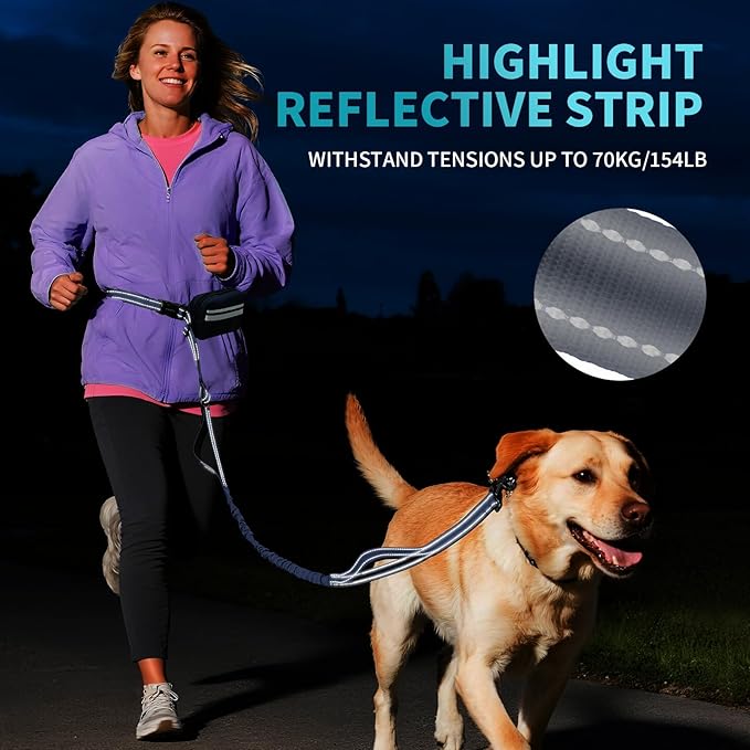 Hands Free Dog Leash with Removable Zipper Pouch, Dual Padded Handles and Durable Bungee for Walking, Jogging and Running-Navy Blue