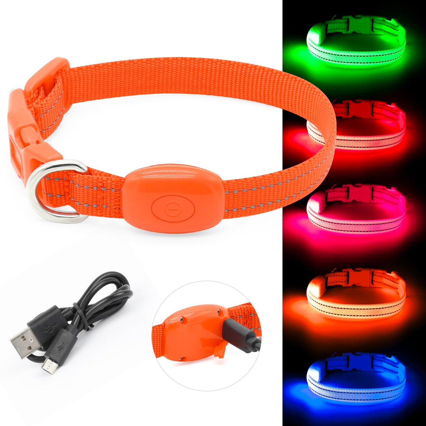 BSEEN Light Up Dog Collar, Rechargeable LED Dog Collar Glowing Cat Collars Reflective Puppy Collar Safety Dog Lights for Night Walking(Orange, XS)