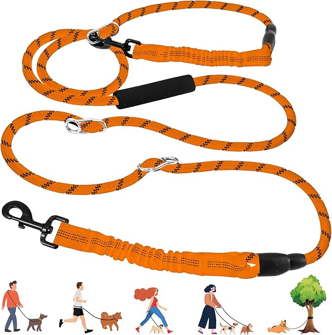 Heavy Duty Hands Free Dog Leash, 10FT Adjustable Handsfree Training With Shock Absorbing Bungee, No Pull Tangle Free Reflective Body Waist for Walking Running (Orange)