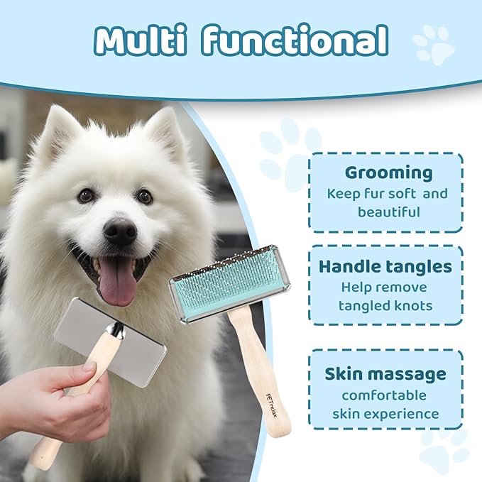 Pin Brush for Dog & Cat,Grooming Brush for Shedding, Dematting, Bath, for Long/Short Hair, Poodles, Indoor Cats, Wooden Handle, with Angled Stainless Steel Pins and Coated Tips
