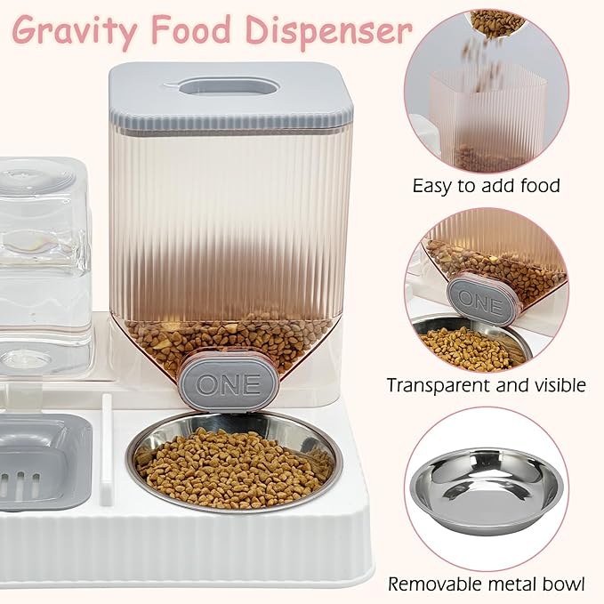 Fhiny Gravity Cat Feeder & Water Dispenser, 2 in 1 Automatic Puppy Waterer Removable Stainless Steel Food Bowls Set Self Feeding Pet Food Storage for Cat Kitten Puppy Easy Clean (Grey)