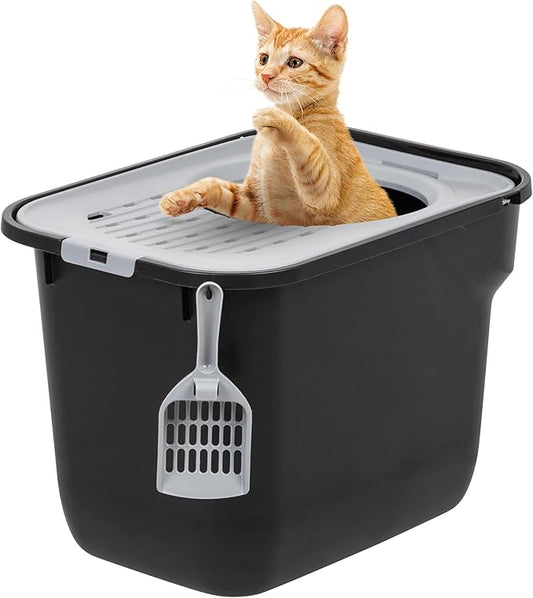 IRIS USA Cat Litter Box, Large Cat Box Enclosure, Top Entry with Litter Catching Lid, Enclosed with Scoop, Black/Gray