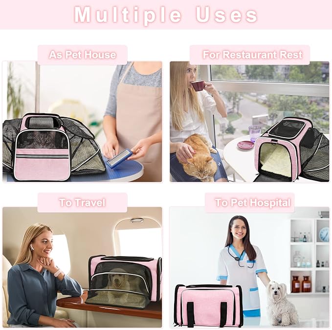 Cat Carrier Airline Approved Pet Carrier, Expandable Foldable Soft-Sided Dog Carrier, 3 Open Doors, 2 Reflective Tapes, Pet Travel Bag Safe and Easy for Cats and Dogs(Pink)
