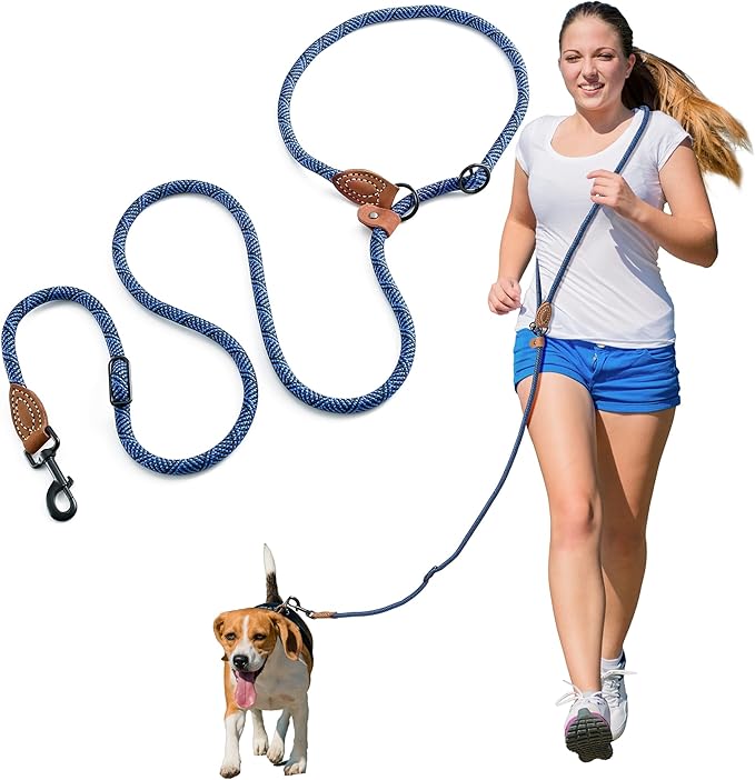 Mile High Life Hands Free Dog Leash, Crossbody Waist Leash with Genuine Leather Connection, Multifunctional Adjustable Slip Lead for Dog Walking Running (Blue, 7FT)