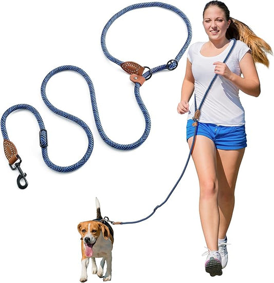 Mile High Life Hands Free Dog Leash, Crossbody Waist Leash with Genuine Leather Connection, Multifunctional Adjustable Slip Lead for Dog Walking Running (Blue, 7FT)