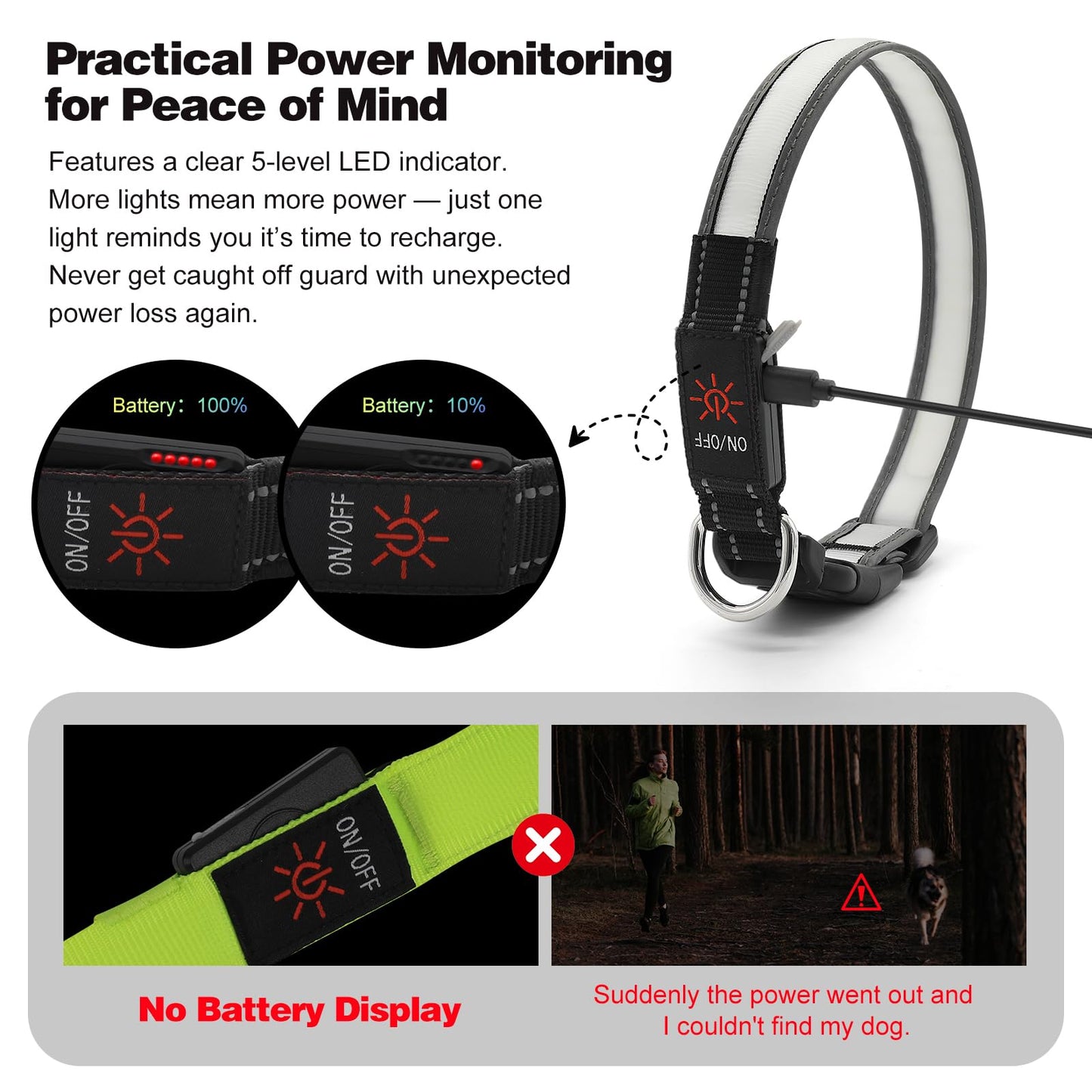 Light Up Dog Collar, Multicolor LED Dog Collar with 7 Lighting Modes - USB-C Rechargeable, Real-Time Battery Indicator, Waterproof & Adjustable Glow Collar for Safe Night Walks (L)