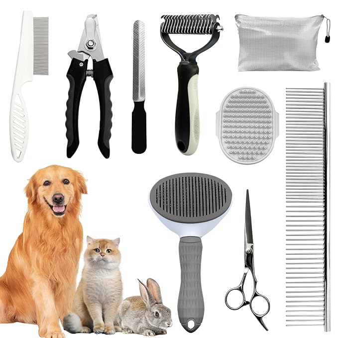 Dog Brush & Grooming Kit – 9-Piece Pet Brush & Deshedding Set for Shedding, Bathing, Trimming & Nail Care | Grooming Tools for Dogs & Cats, Includes Comb, Nail Clipper, Scissors, Slicker Brush (Gray)