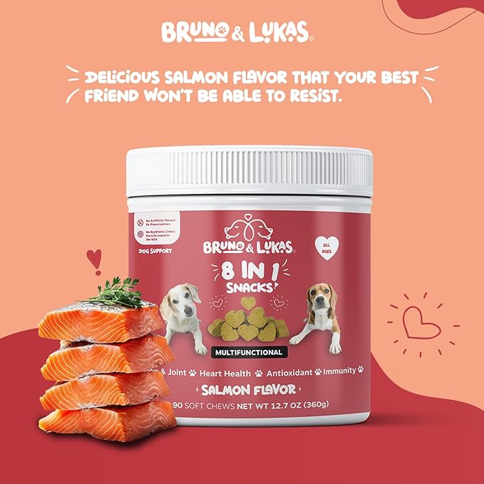 Multivitamin Treats for Dog Supplement 8 in 1 Vitamins Support Joint Digestion Antioxidant- Improves the Immune System Skin & Coat with Glucosamine for Dogs and Omega Fish Oil Salmon Flavor (90 Chews)