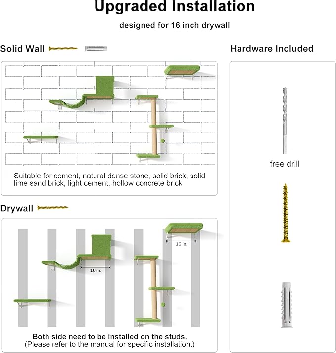 FUKUMARU Cat Wall Shelves, Stable & Safe 4 in 1 Cat Furniture Set, Wooden Climbing Wall with Scratching Post, Bridge and Bed, Stylish Jungle Gym for 16 Inch Drywall - Green