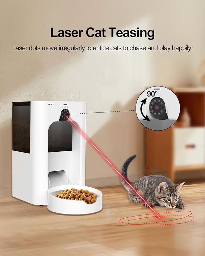 SANSCO Automatic Cat Feeder with Camera: Automatic Dog Feeder, 2MP Video Recording Timed 2.4 & 5GHz WiFi App Control Pet Feeder Dispenser for Cat Dog, Rotates Up and Down, 4L