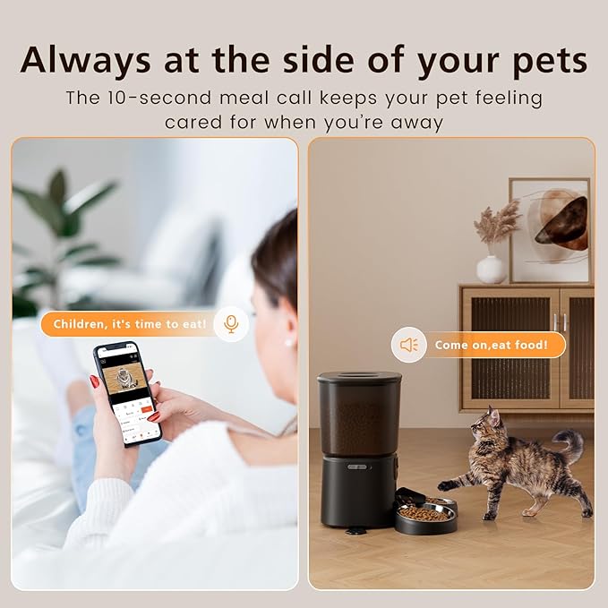 Automatic Cat Feeder with Camera, 6L WiFi Smart Pet Feeder with APP Control, 1080P HD Video, Voice Call, Motion Detection, Dual Power Supply, for Dogs Cats, Small-Pet(Black, 6L)