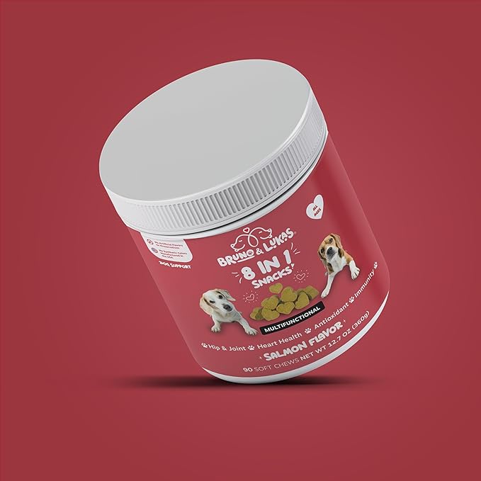 Multivitamin Treats for Dog Supplement 8 in 1 Vitamins Support Joint Digestion Antioxidant- Improves the Immune System Skin & Coat with Glucosamine for Dogs and Omega Fish Oil Salmon Flavor (90 Chews)
