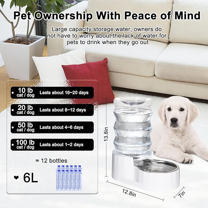 RIZZARI Automatic Dog Water Bowl Dispenser: 6L Upgraded Gravity Stainless Steel Cat Water Dispenser, Water Feeder with Two Caps and Filters for Pets Indoor/Outdoor Use by Owners