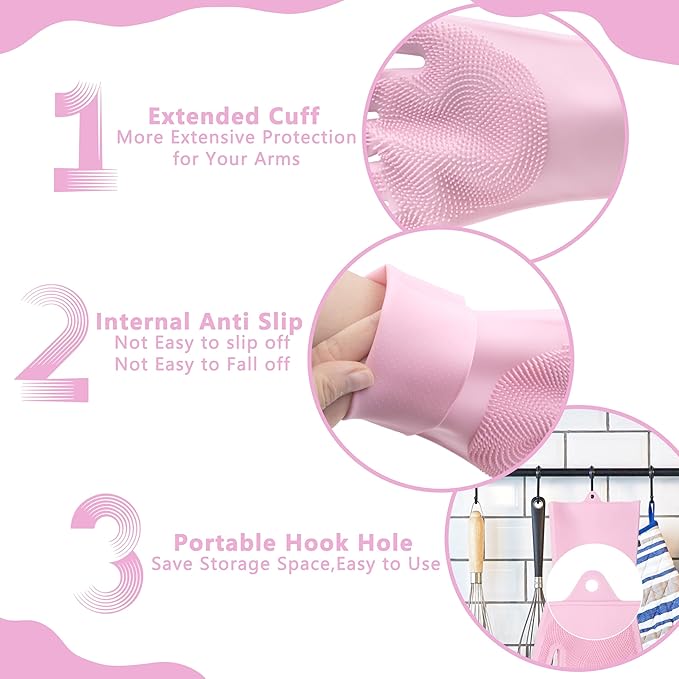 Pet Grooming Gloves—Heat Resistant Dog Washing Gloves with High-Density Teeth, Dog Bath Scrubber with Enhanced Five Finger Design, Silicone Gloves for Dogs and Cats Bathing, Massage (Pink)