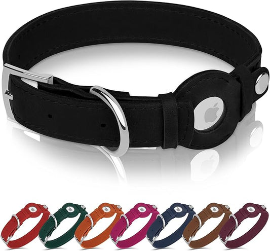 Leather Dog Collar with Airtag Holder - Apple AirTag Dog Collars - Soft Tracking Smart GPS Pet Collar for Small Medium Large Dogs Puppy (Black, S, 9"-12" Neck Fit)