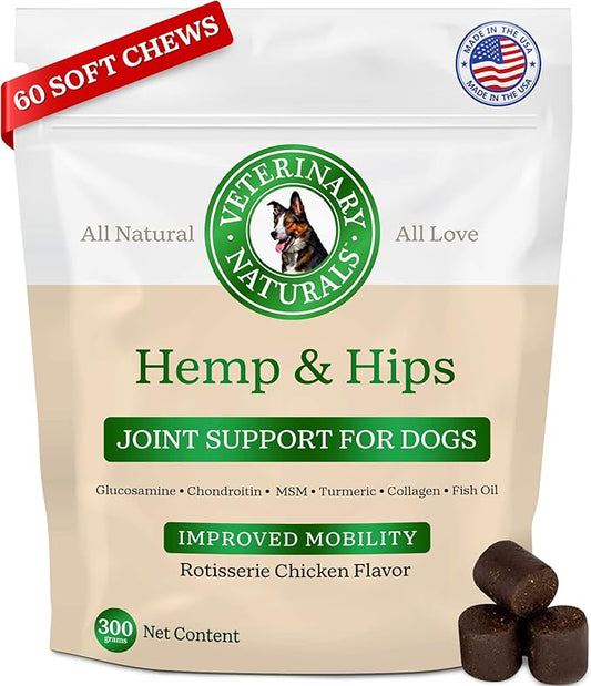 Veterinary Naturals Hemp & HIPS Joint Supplement for Dogs - 60 Soft Chews for Dog Hip and Joint Supplement with Glucosamine for Dogs, MSM, & Turmeric (Rotisserie Chicken)
