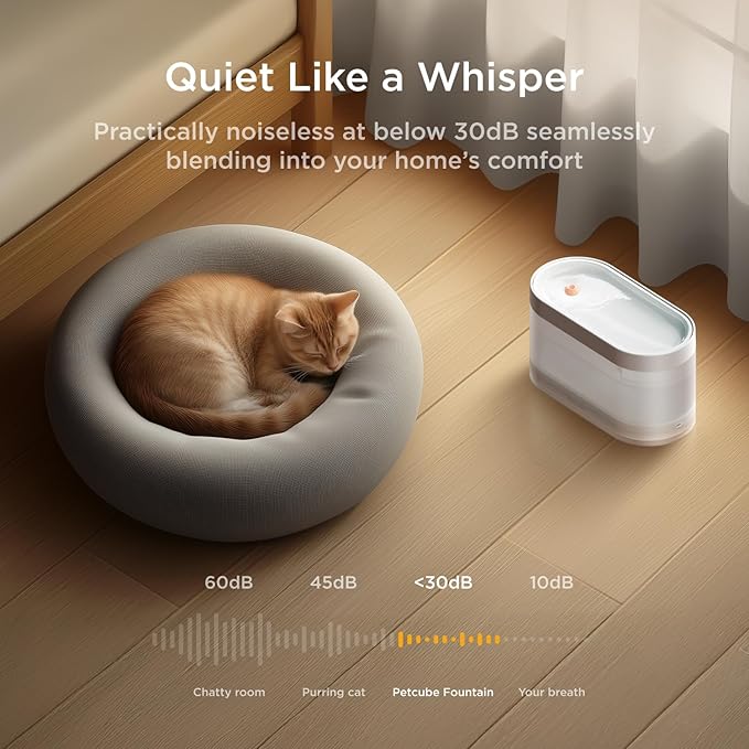 Petcube Pet Water Fountain | Automatic Wireless Fountain for Cats and Dogs with Stainless Steel Bowl, Easy to Clean, 4-Layer Filtration, in-App Filter Control, LED Light, Quiet Pump, Battery Operated