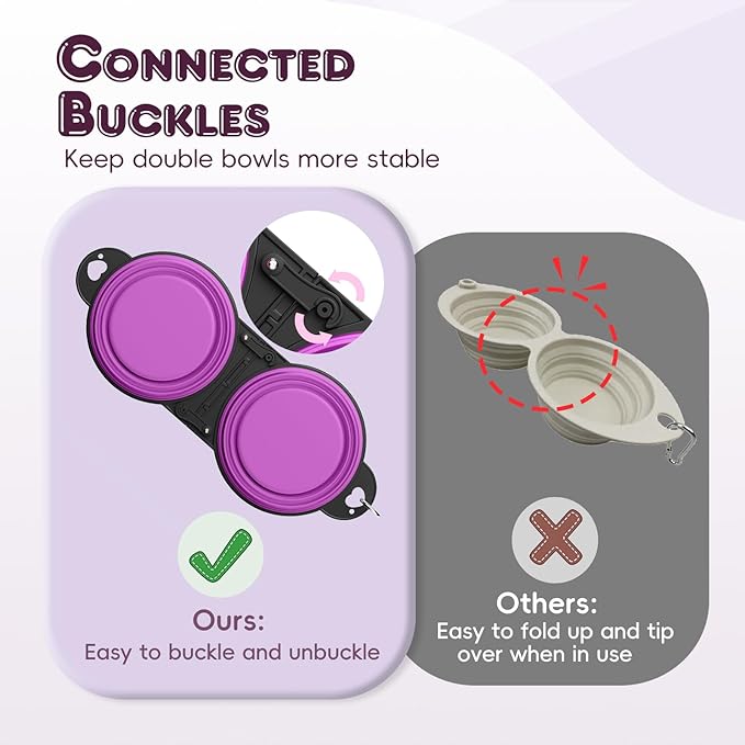 Pawaboo 2-in-1 Collapsible Dog Bowls, Dual Puppy Food and Water Bowls, 180° Flip Over Portable Silicone Dog Bowl with Metal Hook, 450ml Pet Travel Feeder Bowl for Walking Hiking Camping, Purple