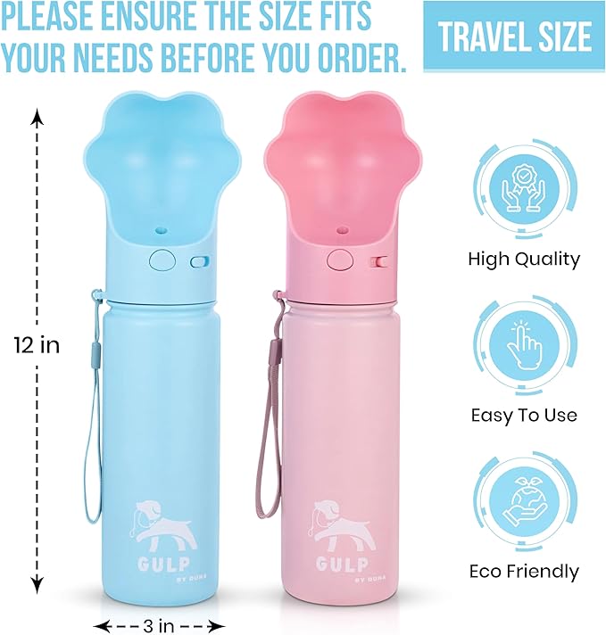 Gulp by Duna 18oz Travel Dog Water Bottle with Paw-Shaped Bowl, Insulated Stainless Steel | Leakproof Portable with Carry Strap for Outdoor Walking, Hiking & Pet Hydration On-The-Go | Blue