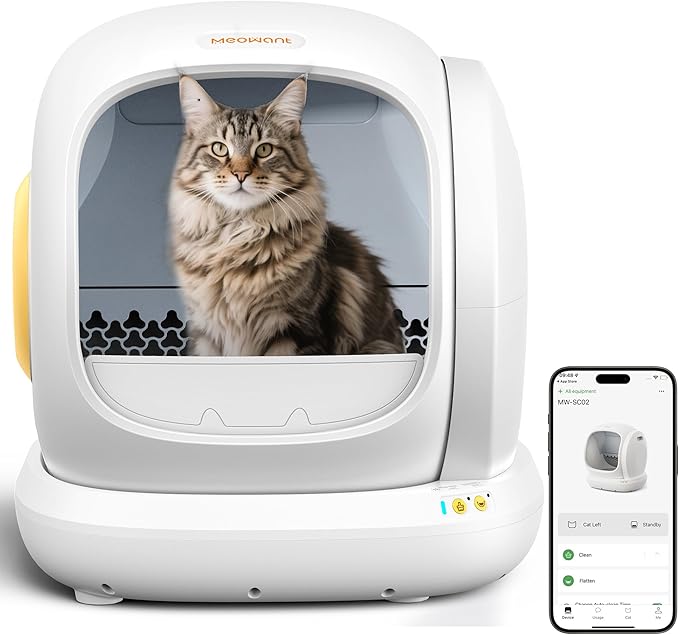 MeoWant Automatic Cat Litter Box, Large Opening Self Cleaning Litter Box with Safety Protection for Multiple Cats, App Control, Odor-Free, 75L Space, Yellow
