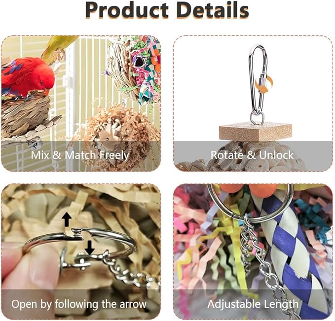 Handwoven Natural Parrot Chew Toys for Small Birds Organic Fiber Foraging Toys with Hanging Chain Cockatiel Budgie Conure Cage Accessories