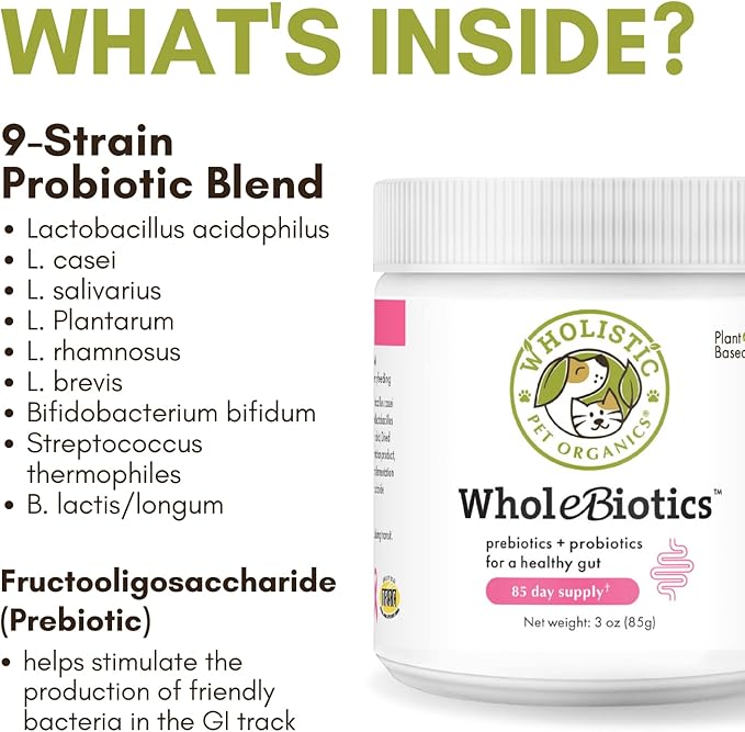 Wholistic Pet Organics WholeBiotics - Daily Dog Probiotics for Digestive Health Support & Immune Boost - 9 Strains - Prebiotics & Probiotics for Dogs & Cats - Gut Health for Dogs - 3 Oz - 85 Scoops