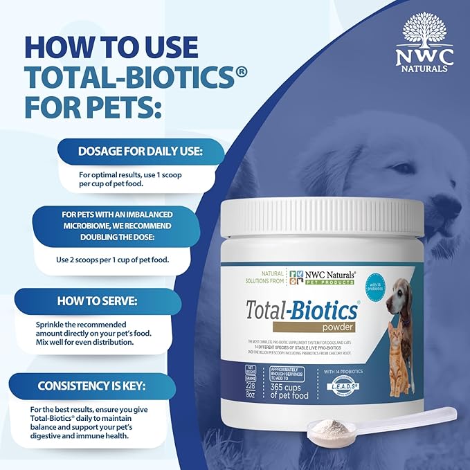 NWC Naturals Total-Biotics, Cat & Dog Probiotics for Digestive Health with Prebiotic, Unflavored Probiotic for Dogs & Cats, Supplement for Gut, Skin, Coat, Upset Stomach Relief, 365 Servings, 8 Ounces