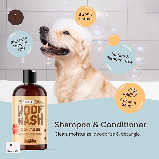 Sunny & Honey Professional Dog Shampoo Bundle - 16 oz Coconut Shampoo & 8 oz Breeze Perfume - 4-in-1 Cleanse & Condition - Includes Deshedding Brush, Microfiber Towel & Deodorizing Cologne Spray