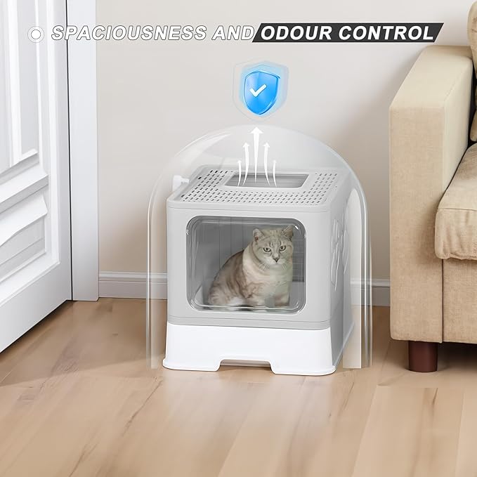 Upgrade Portable Litter Box, Top Entry Cat Box with Lid, No Leakage Kitty Box with Scoop and Mat, Easy Cleaning Cat Box Enclosure (Grey)