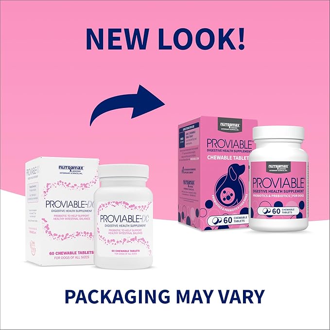Nutramax Proviable Probiotics for Dogs, Daily Digestive Health Supplement with Multiple Strains of Bacteria, Dog Probiotics Plus Prebiotics, 60 Chewable Tablets