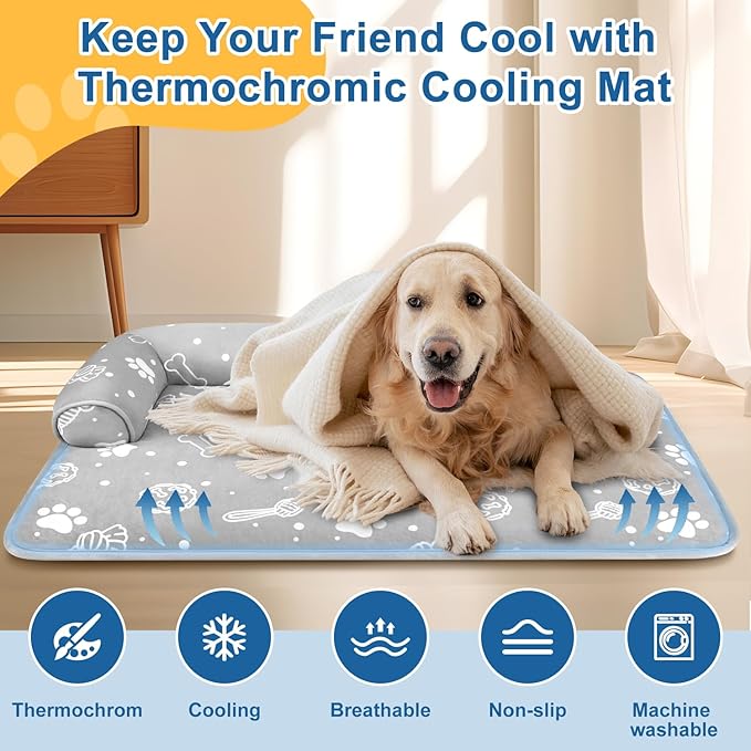 MH MYLUNE HOME Dog Cooling Mat with Supportive Pillows, 39"x28" Arc-Chill Fiber & Endothermic Color Changing Self Cooling Pad, Foldable & Washable Non-Toxic Summer Pet Blanket