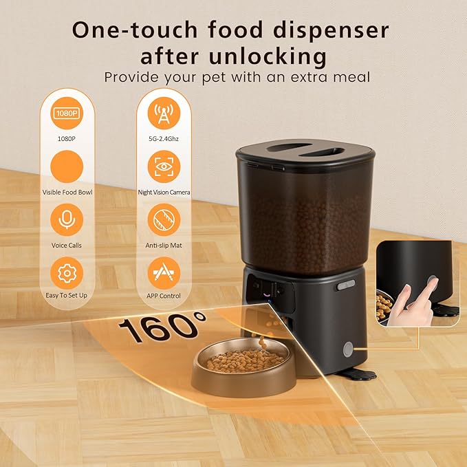 Automatic Cat Feeder with Camera, 4L WiFi Smart Pet Feeder with APP Control, 1080P HD Video,Night Vision,Voice Call, Motion Detection, Dual Power Supply, Supports 5GHz/2.4GHz,for Dogs Cats, Small-Pet
