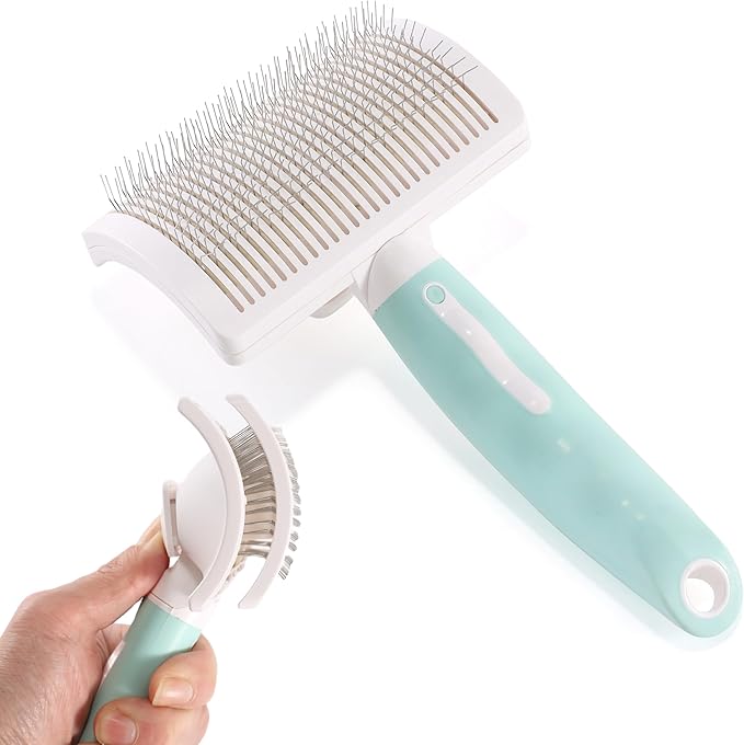 Dog Self-Cleaning Slicker Brush with One Button Fur Removal Deshedding Brush for Dogs and Cats with Long Hair for Shedding Massaging Grooming Green
