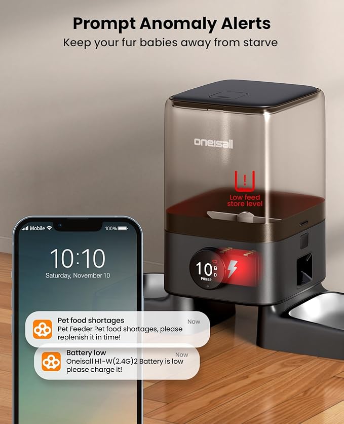 oneisall Wireless WiFi Automatic Cat Feeders 2 Cat, Rechargeable 100-Day Battery Operated Timed Cats Feeder, 20 Cups/5L Cats Food Dispenser Automatic for Large Kibble, Smart App Control.